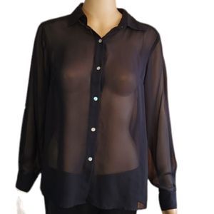 Willi Smith Shirt Sheer Button Down Black Womens Size Small